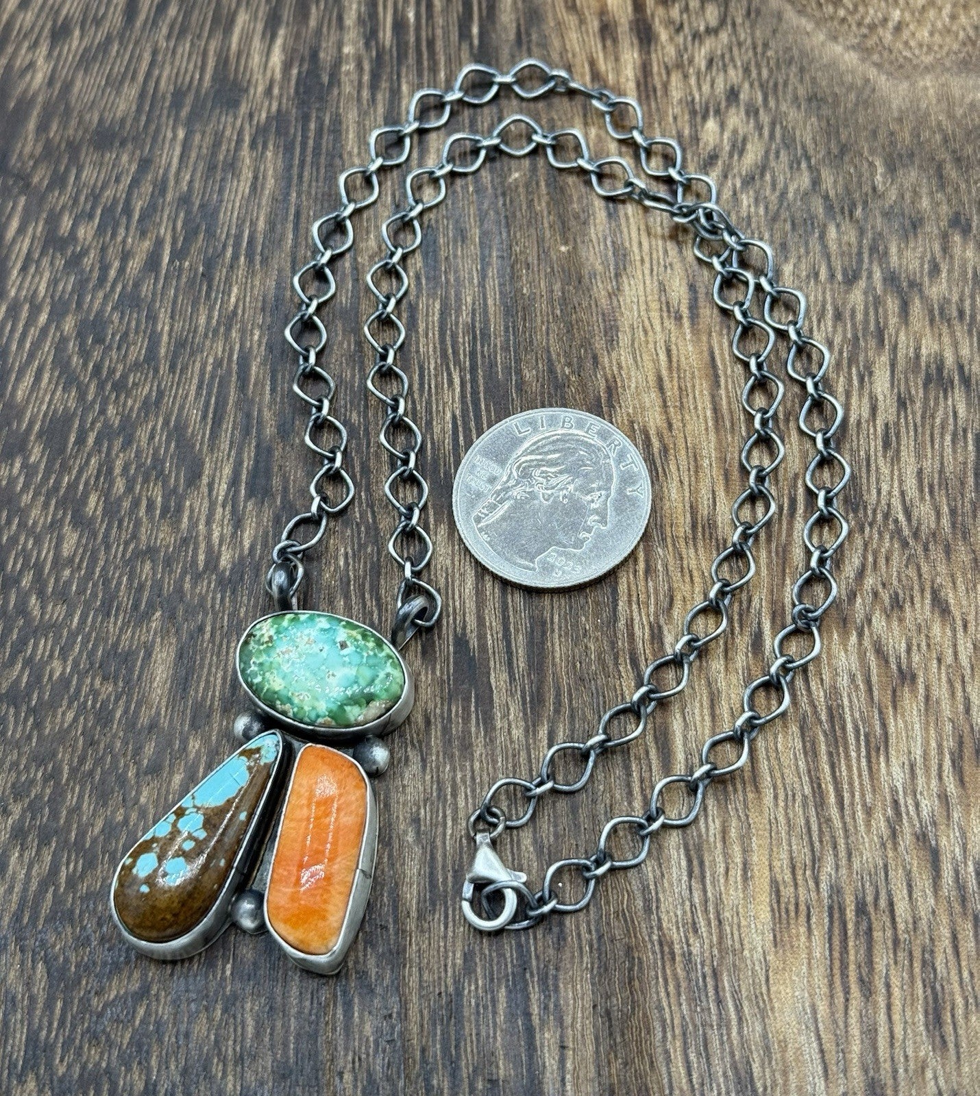 Navajo Handmade Sterling Silver Multi stone Turquoise  Cluster Bar Necklace 18”