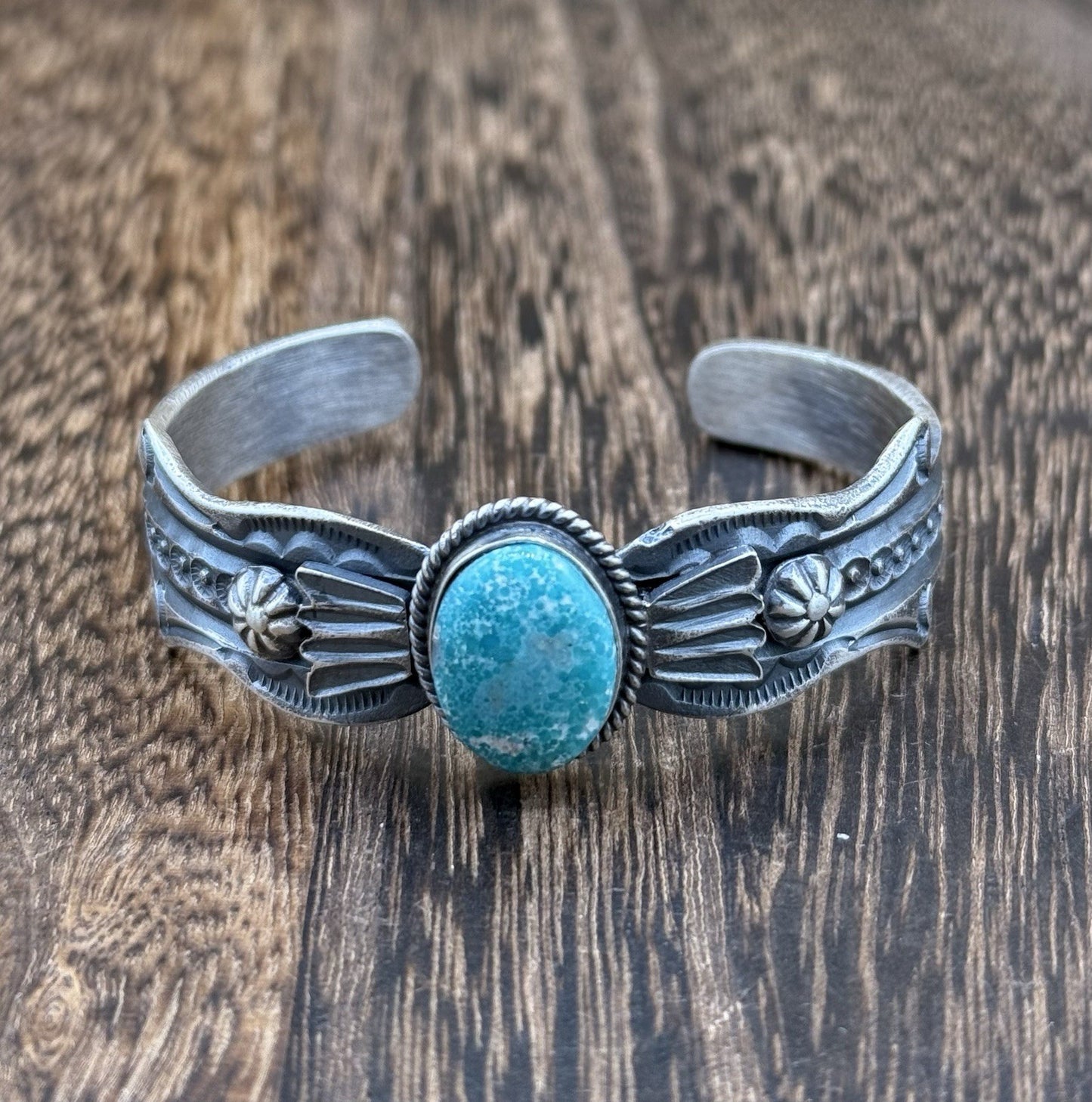 Navajo Handmade Sterling Silver Emerald Valley Turquoise Old look Cast Bracelet