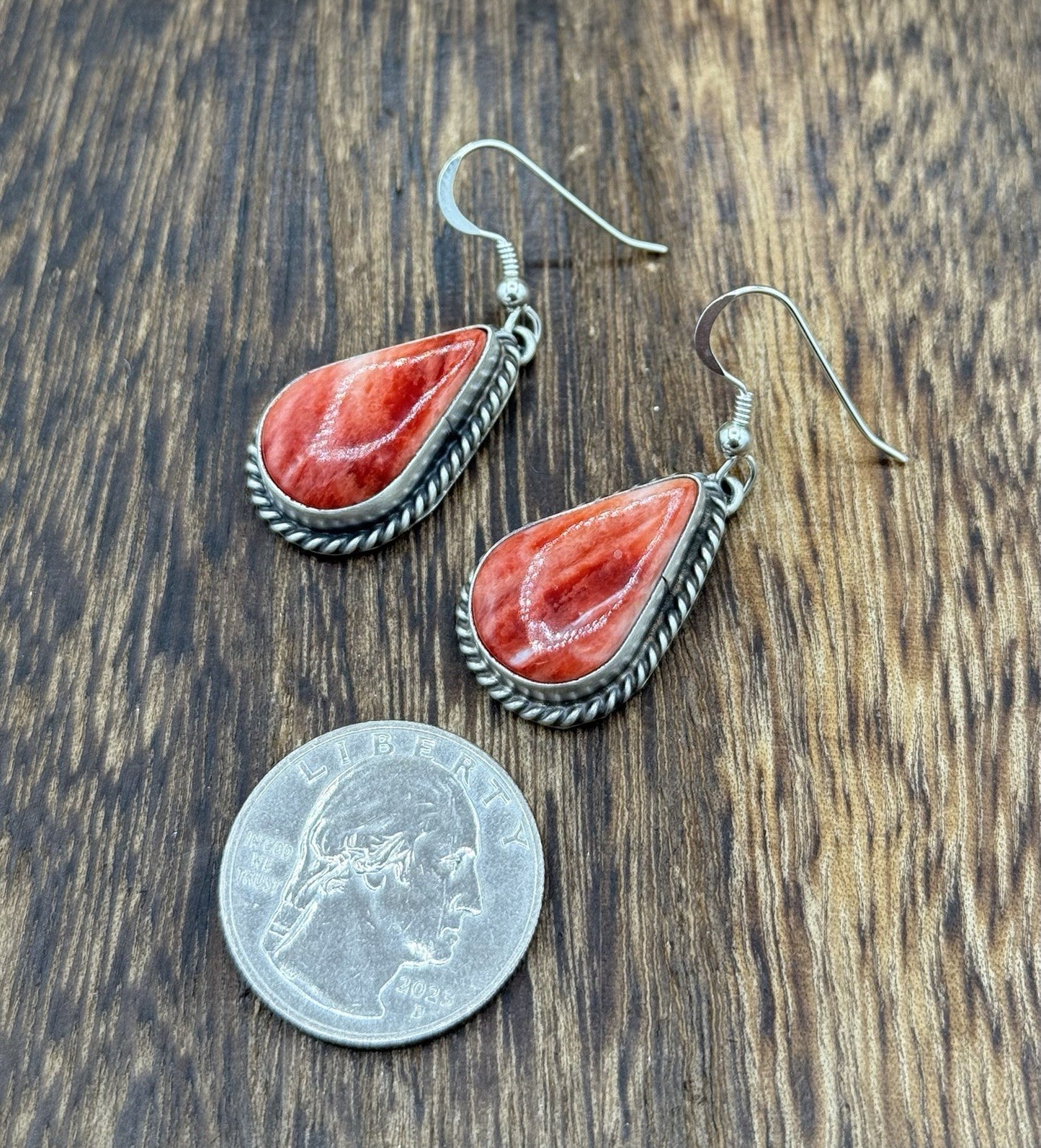 Native Navajo Handmade Sterling Silver Red Spiny Oyster Shell Dangle Earrings