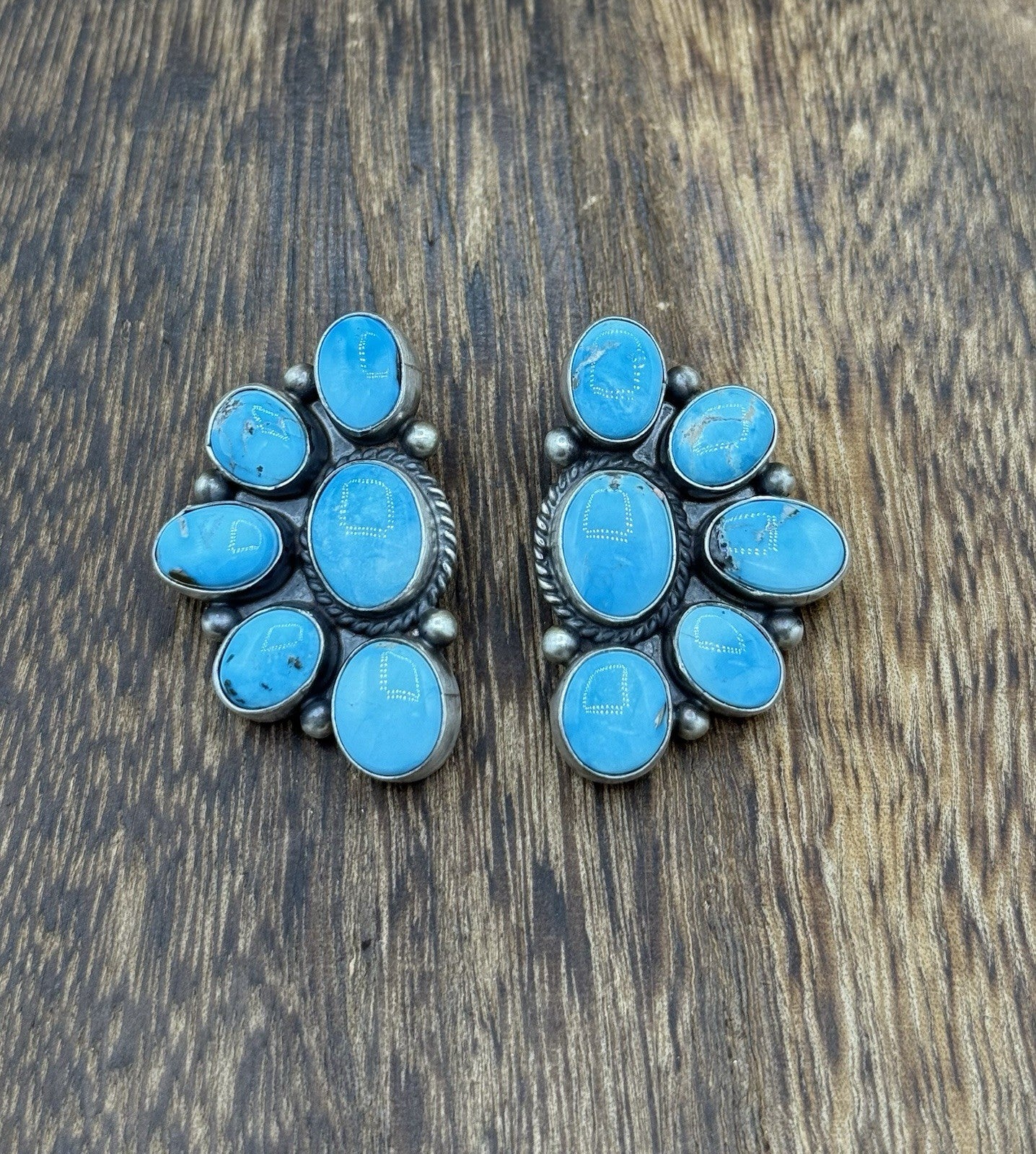 Navajo Handmade Sterling Silver Blue Ridge Turquoise Half Cluster Large Earrings