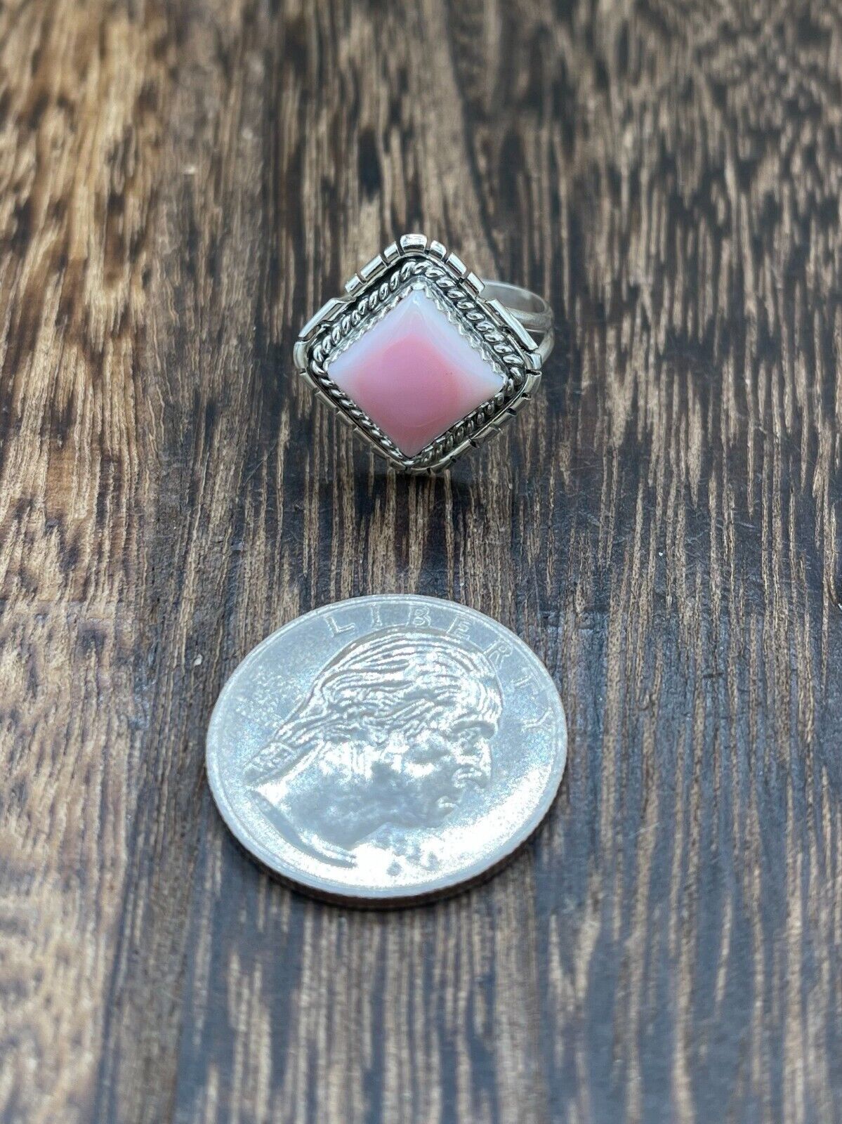 Navajo Handmade Sterling Silver Diamond Pink Conch Shell Band Rings Peggy Skeets