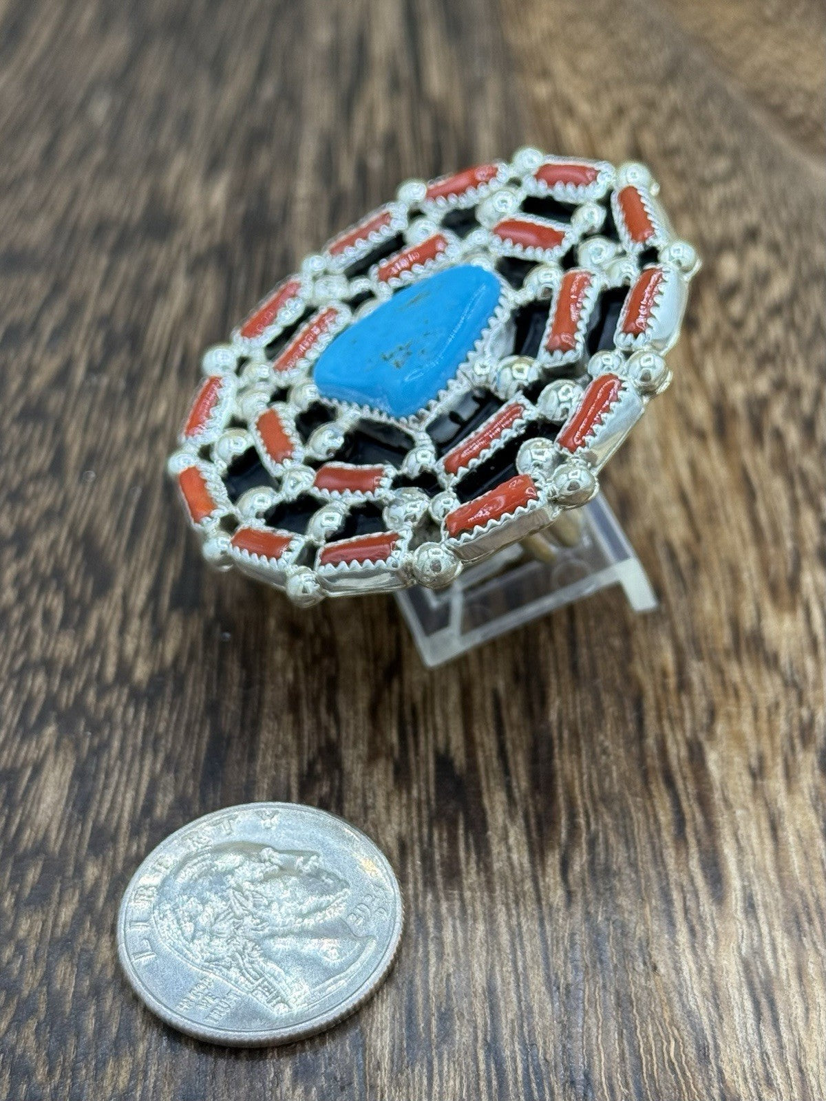 Navajo Handmade Sterling Silver Sleeping Beauty Turquoise & Coral Adjustable 6-9