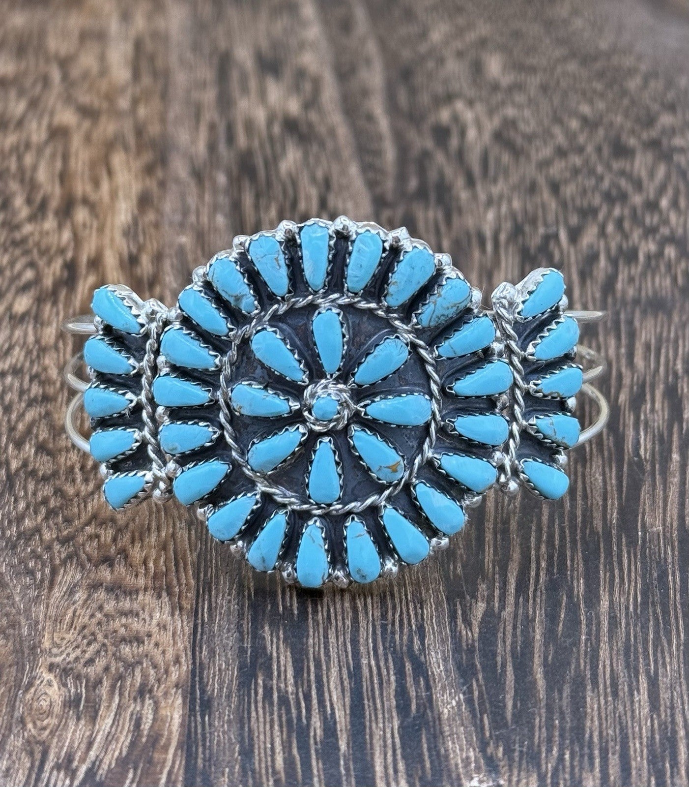 Native American Navajo Handmade Sterling Silver Turquoise Cluster Cuff Bracelet