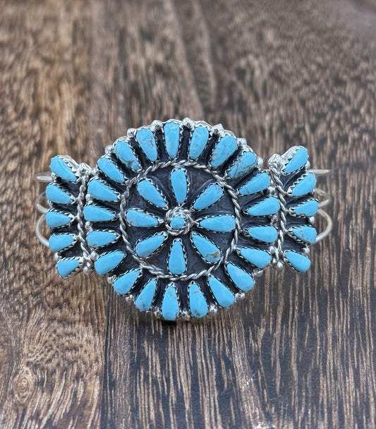 Native American Navajo Handmade Sterling Silver Turquoise Cluster Cuff Bracelet