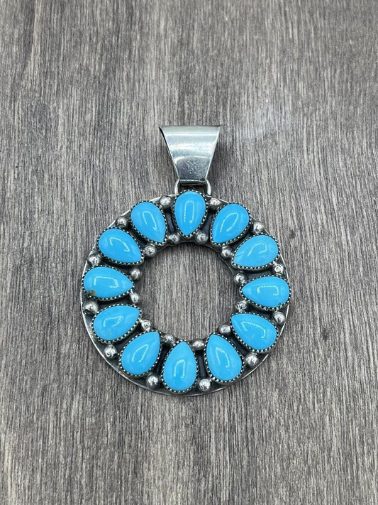 Native American Sterling Silver Navajo Handmade Natural Turquoise Pendant