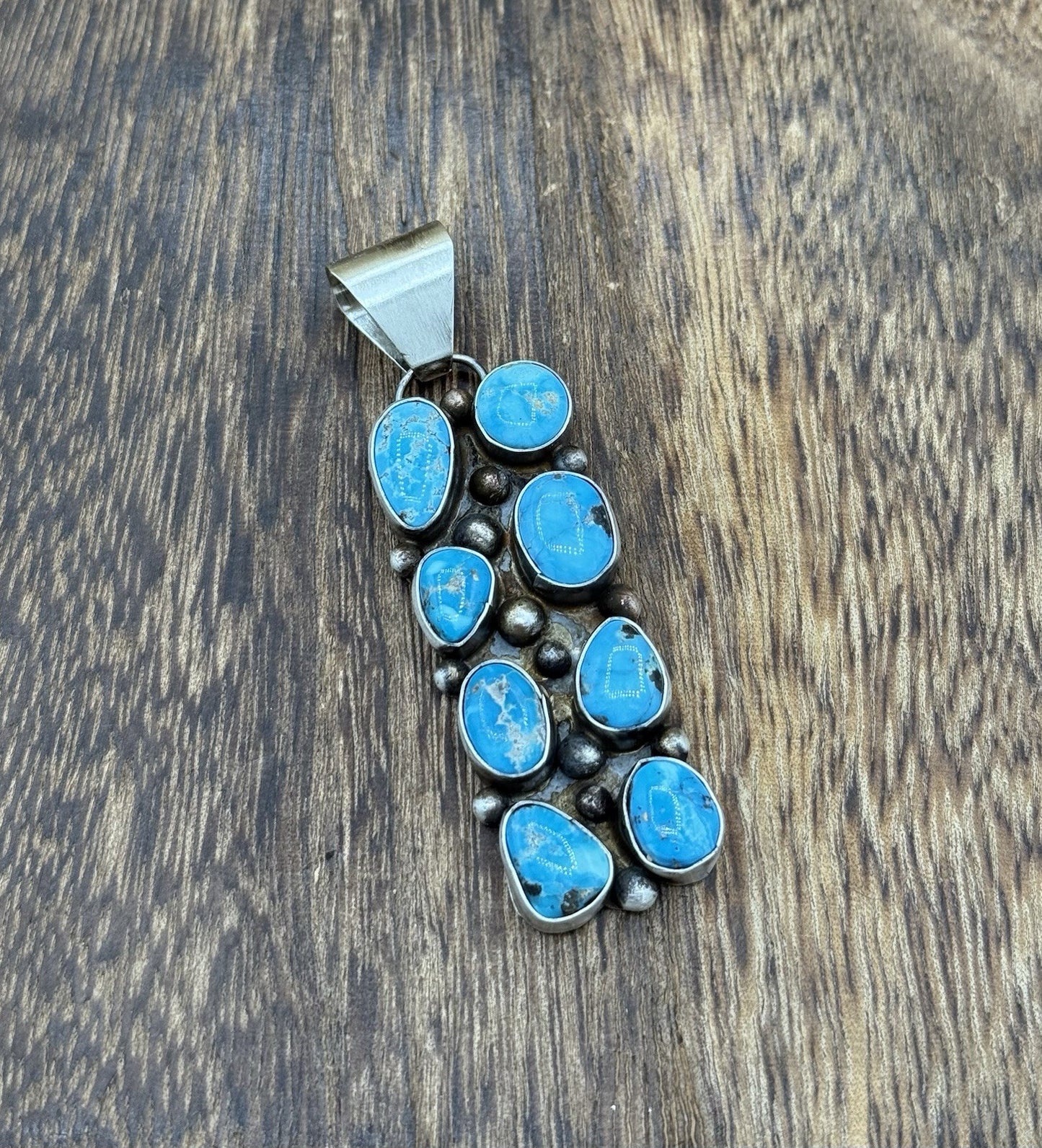 Native Navajo Handmade Sterling Silver Blue Ridge Turquoise Cluster Drop Pendant