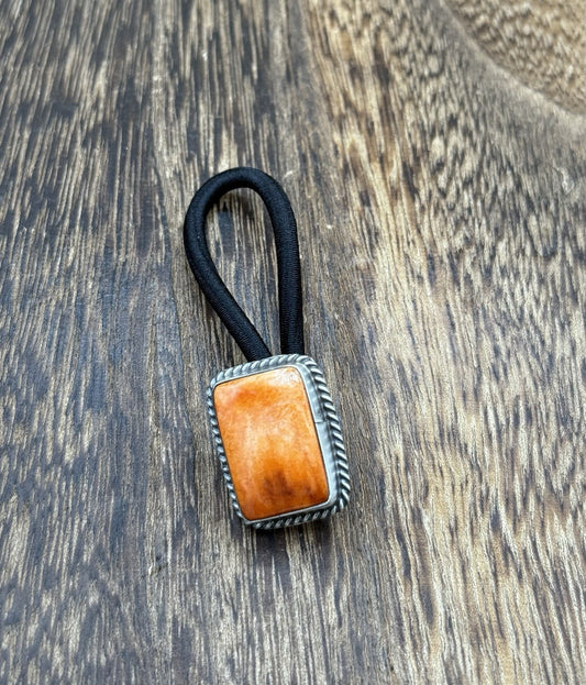 Native American Navajo Handmade Sterling Silver Orange Spiny Oyster Hair Tie