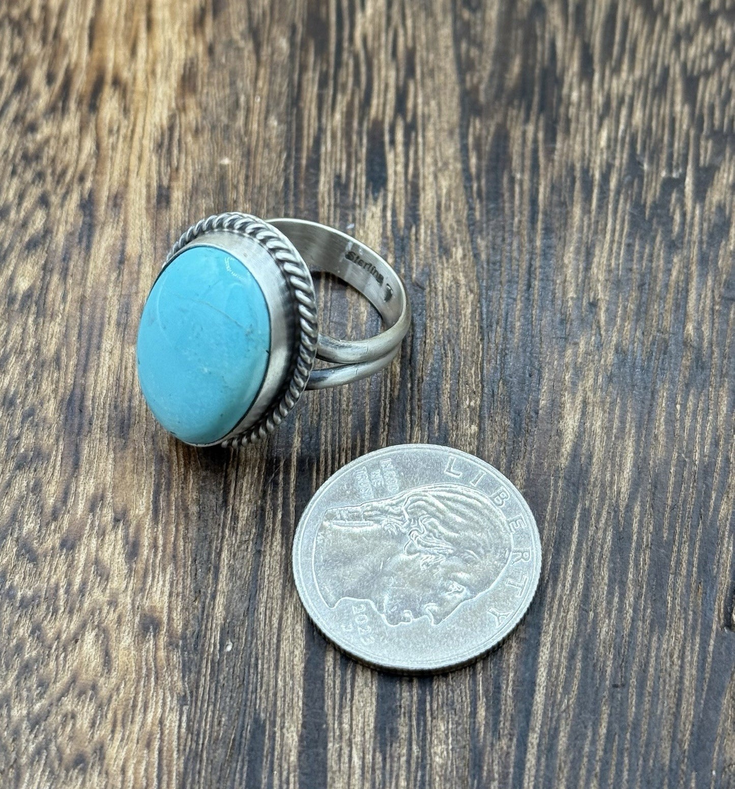 Navajo Handmade Sterling Silver Kingman Turquoise Adjustable Ring Size 7 To 10