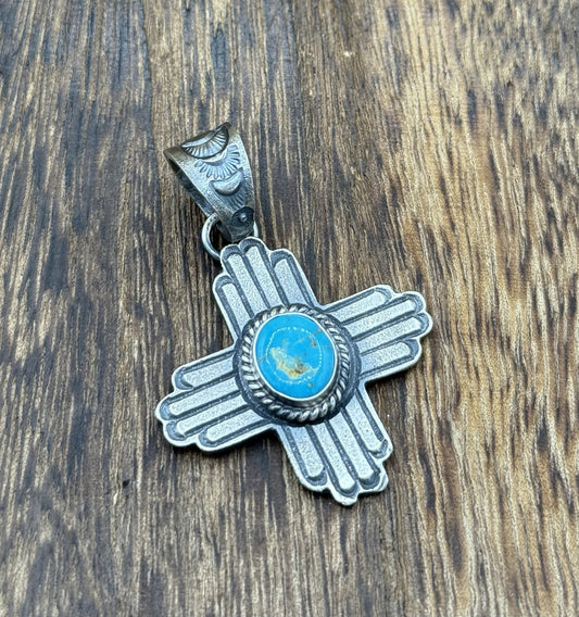 Navajo Handmade Sterling Silver Old Look Kingman Turquoise Zia Pendant Kevin B.