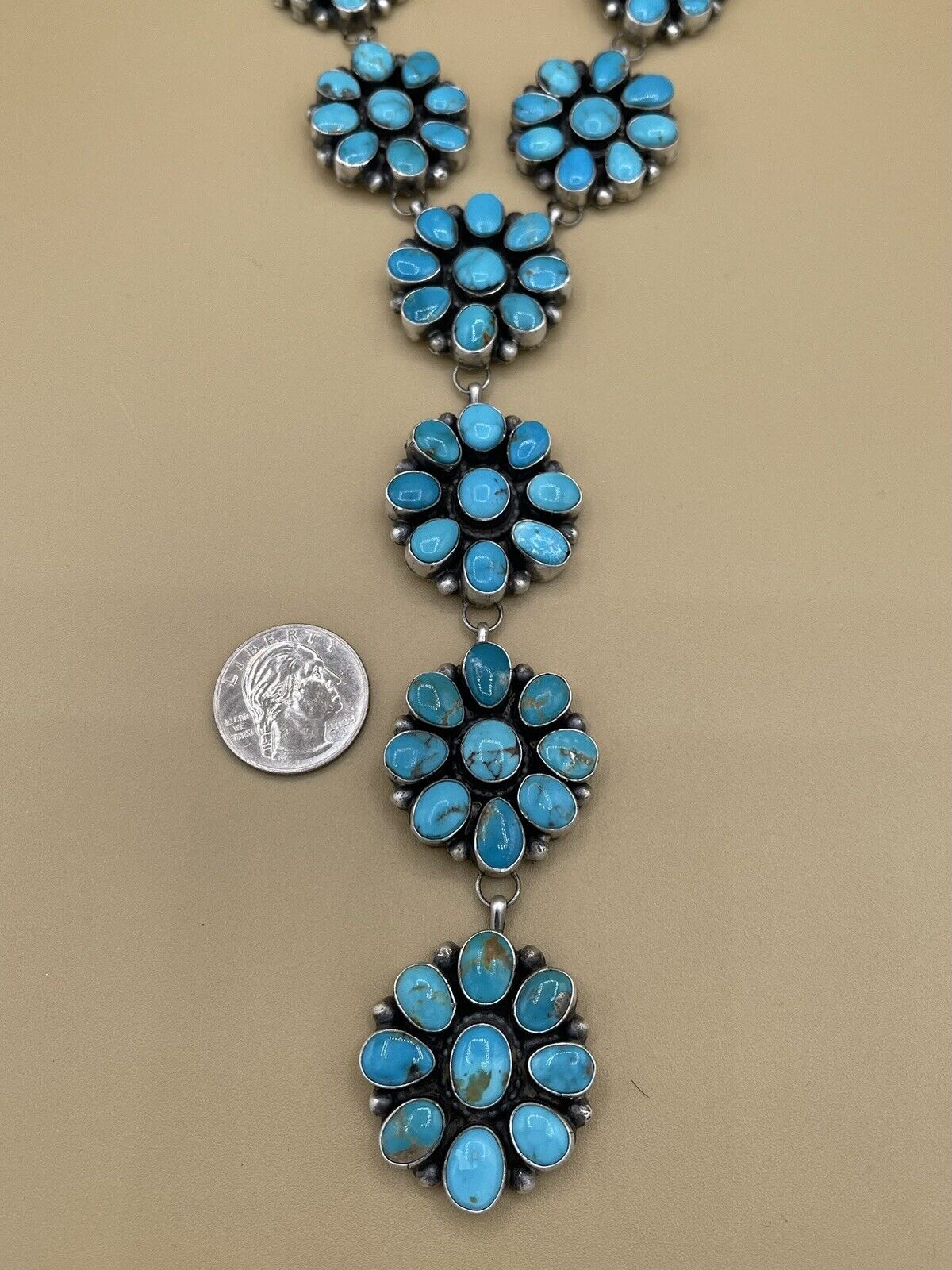 Native American Navajo Silver Kingman Turquoise Cluster Y Lariat Necklace 20”