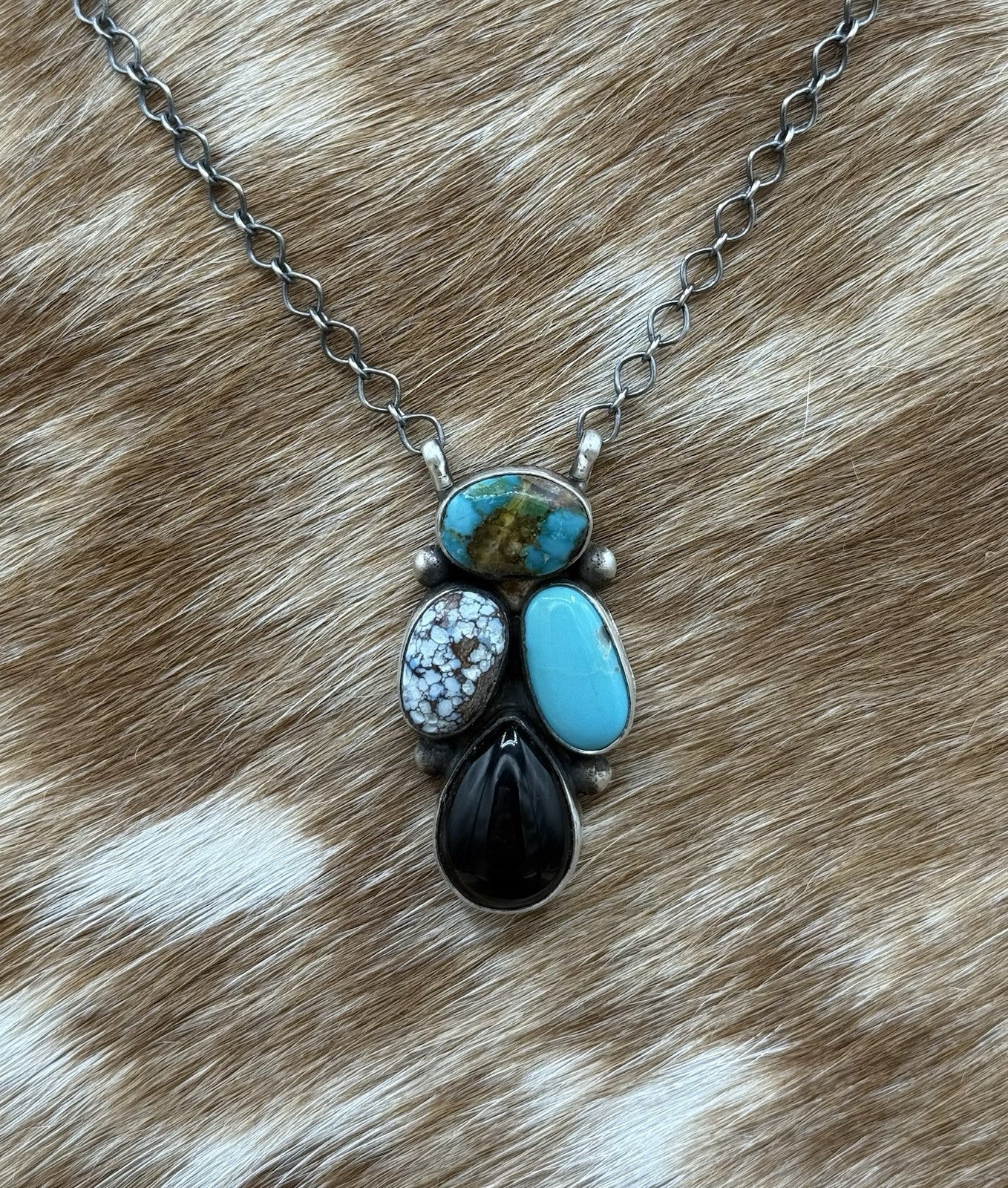 Navajo Handmade Sterling Silver Multicolor Turquoise Cluster Bar Necklace 18”