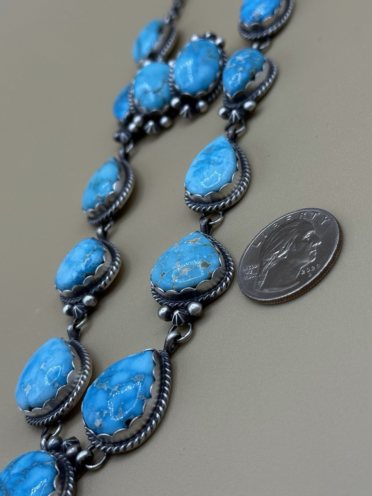 Native Navajo Handmade Sterling Silver Blue Bird Turquoise Y Lariat Necklace 24”