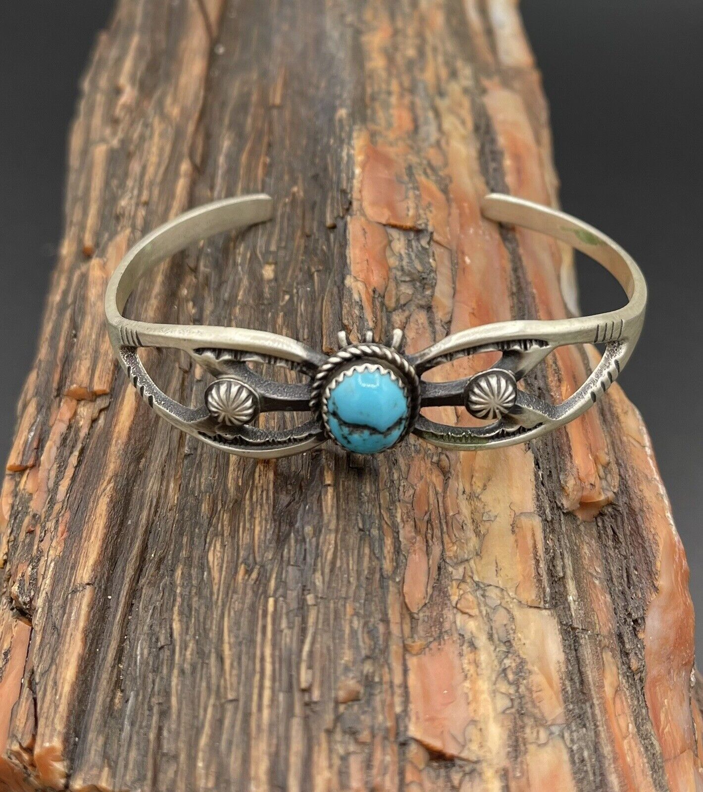 Native American Sterling Silver Indian Handmade Kingman Turquoise Cuff Bracelet