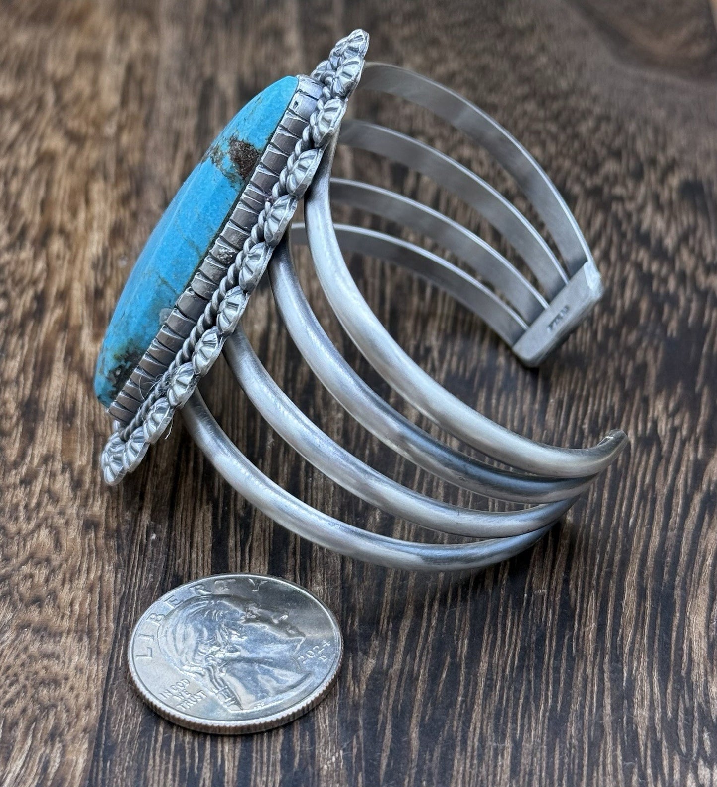 Native Navajo Handmade Sterling Silver Kingman Turquoise Old Look Cuff Bracelet