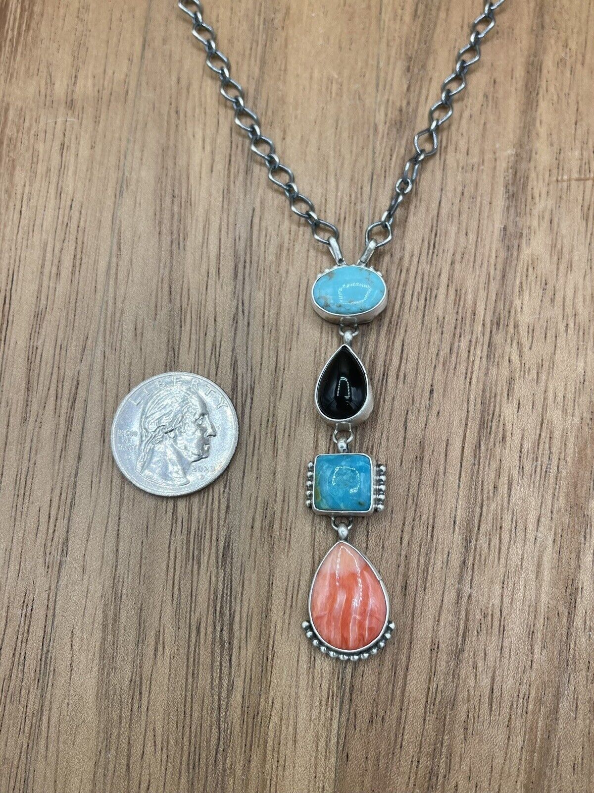 Native American Navajo Handmade Sterling Silver Multi Color Necklace 18 Inch