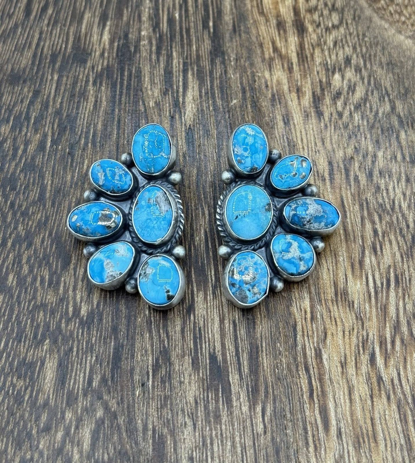 Navajo Handmade Sterling Silver Blue Ridge Turquoise Half Cluster Large Earrings