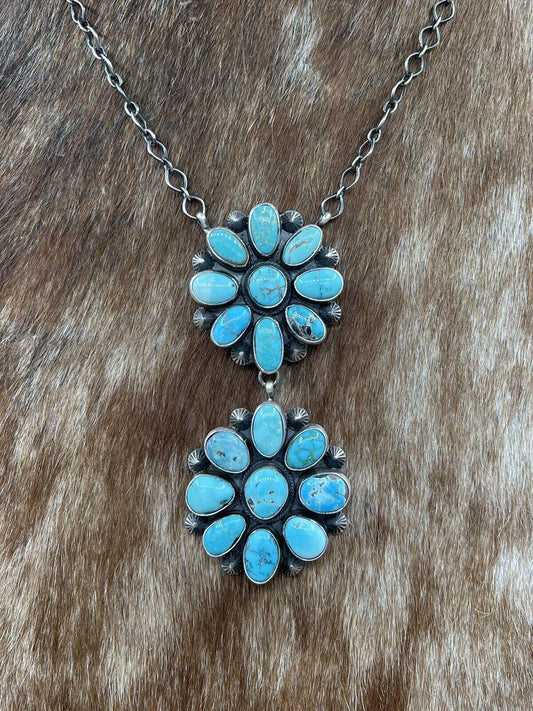 Native American Navajo Handmade Silver Kingman Turquoise Double Cluster Necklace