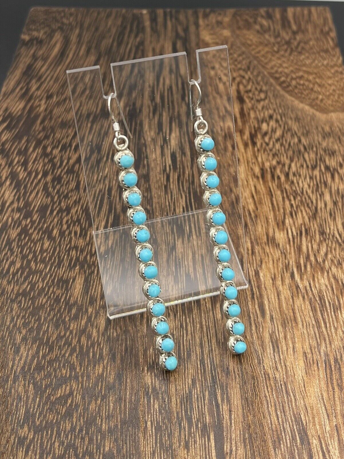 Native American Sterling Silver Zuni Handmade Natural Turquoise Dangle Earring