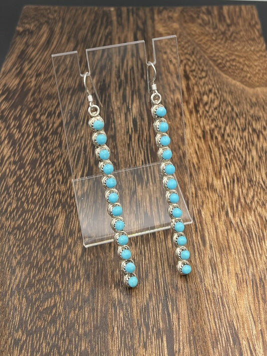 Native American Sterling Silver Zuni Handmade Natural Turquoise Dangle Earring