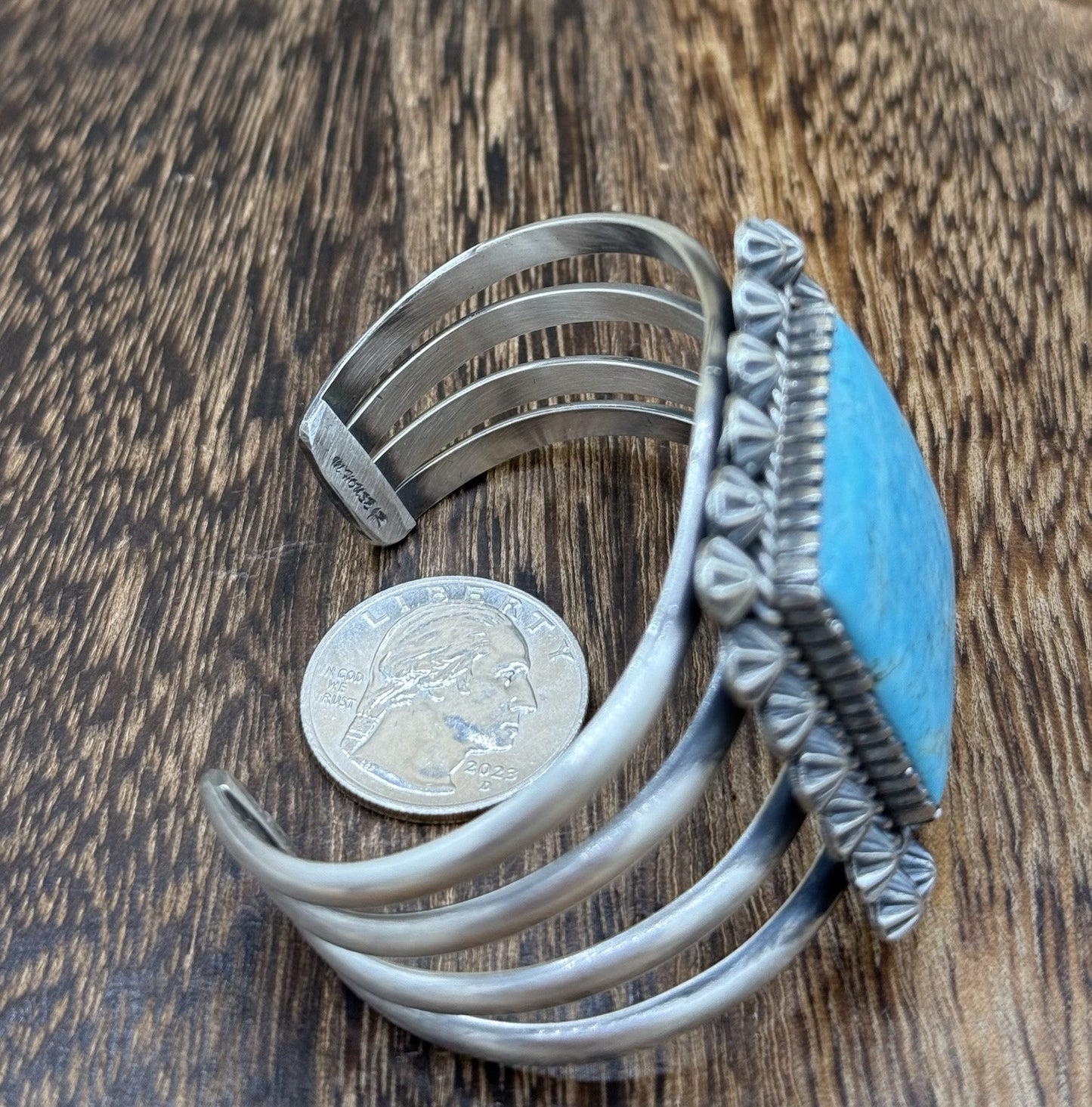 Native Navajo Handmade Sterling Silver Kingman Turquoise Old Look Cuff Bracelet