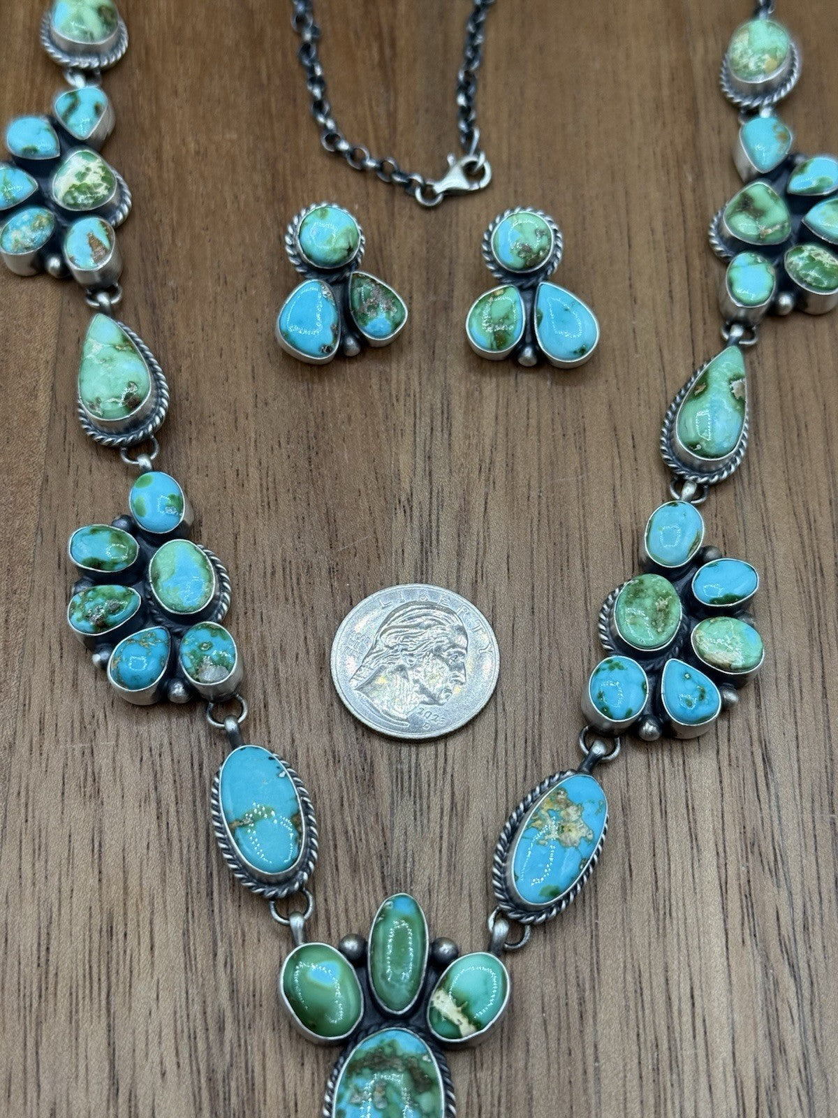 Navajo Handmade Sterling Silver Sonoran Turquoise Cluster Lariat Necklace 24”