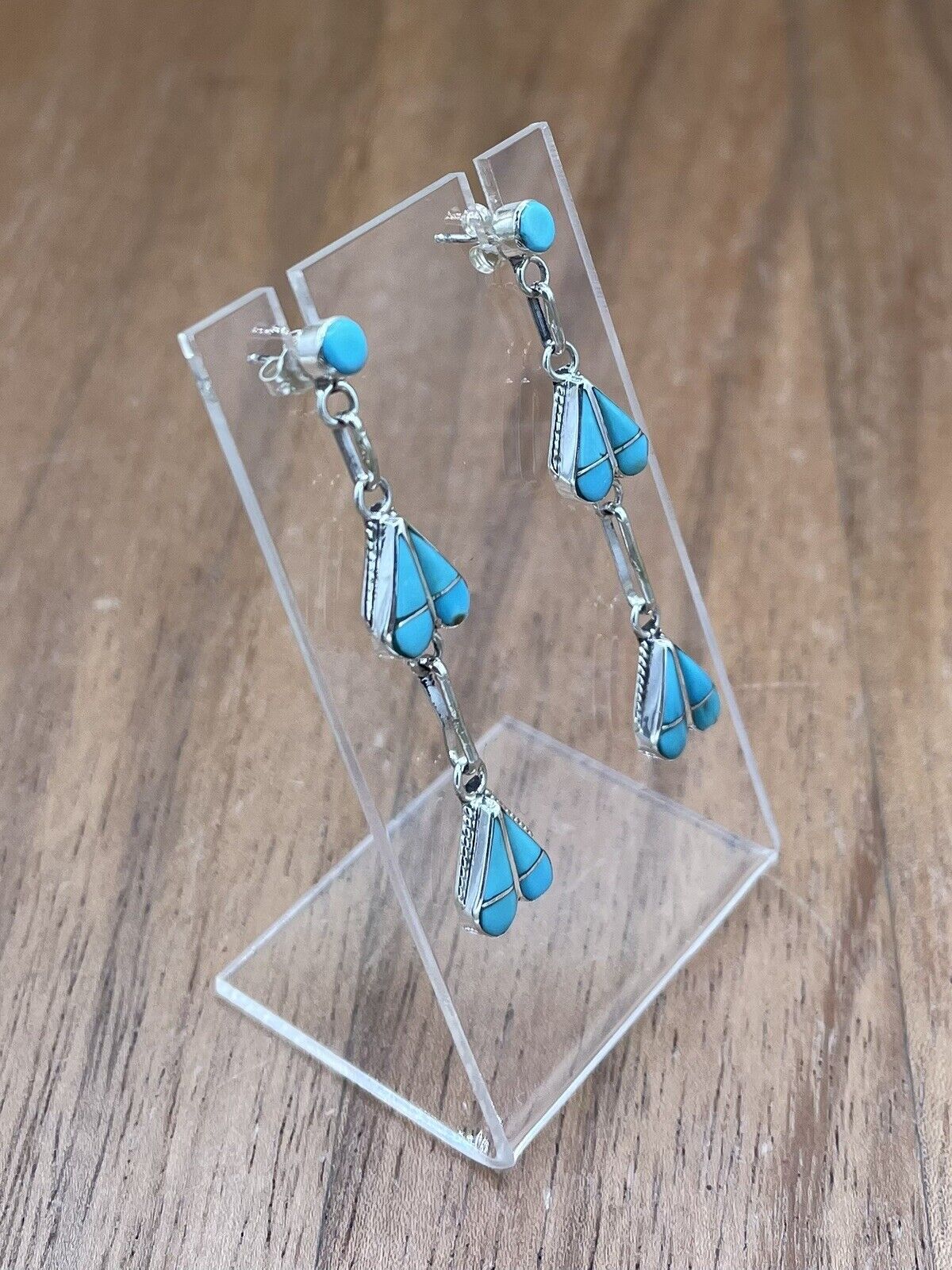 Native American Zuni Handmade Silver Inlay Turquoise Post Dangle Drop Earrings