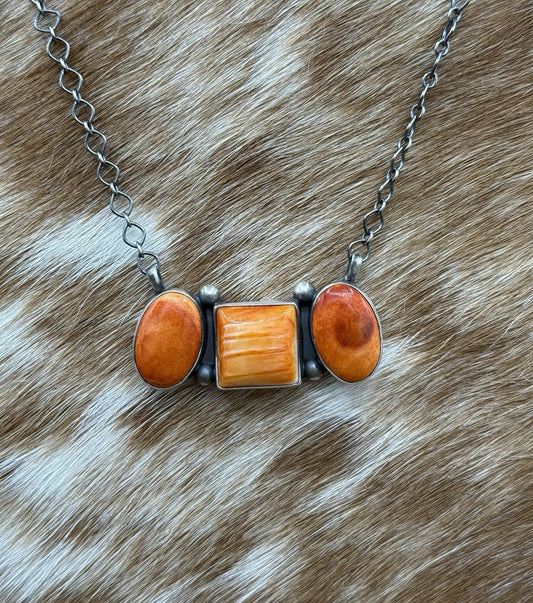 Navajo Handmade Sterling Silver Orange Spiny Oyster Cluster Bar Necklace 18”