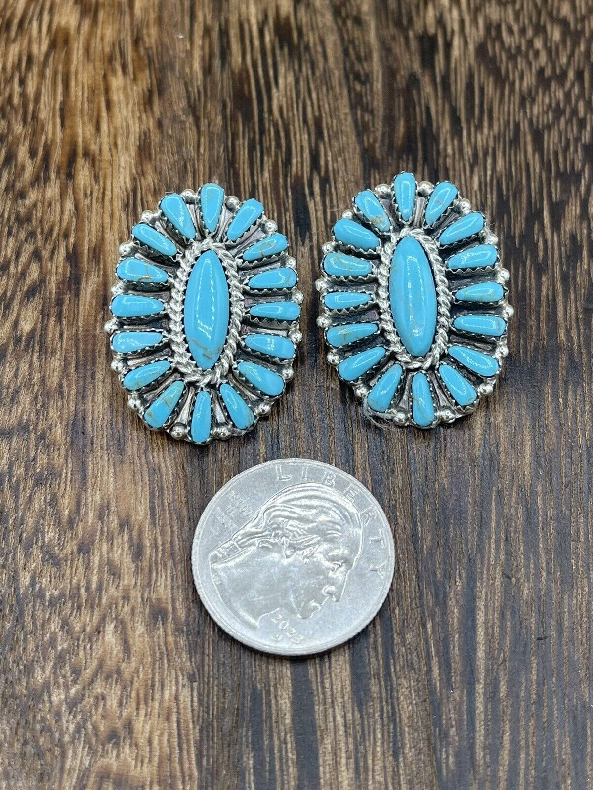 Native American Navajo Handmade Sterling Silver Turquoise Cluster Stud Earrings