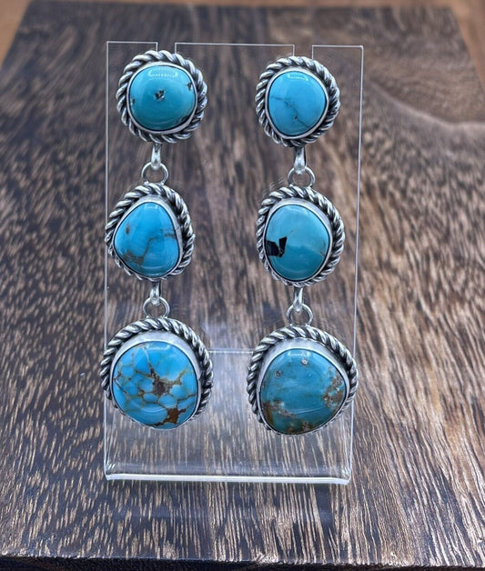 Native American Sterling Silver Navajo Handmade Turquoise Post Dangle Earrings