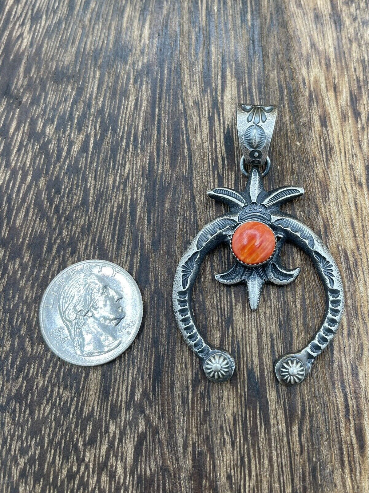 Native American Indian Navajo Handmade Silver Old Look Spiny Oyster Naja Pendant