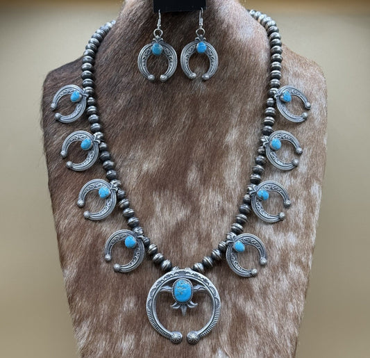 Navajo Handmade Sterling Silver Kingman Turquoise Squash Blossom Set By Kevin B.