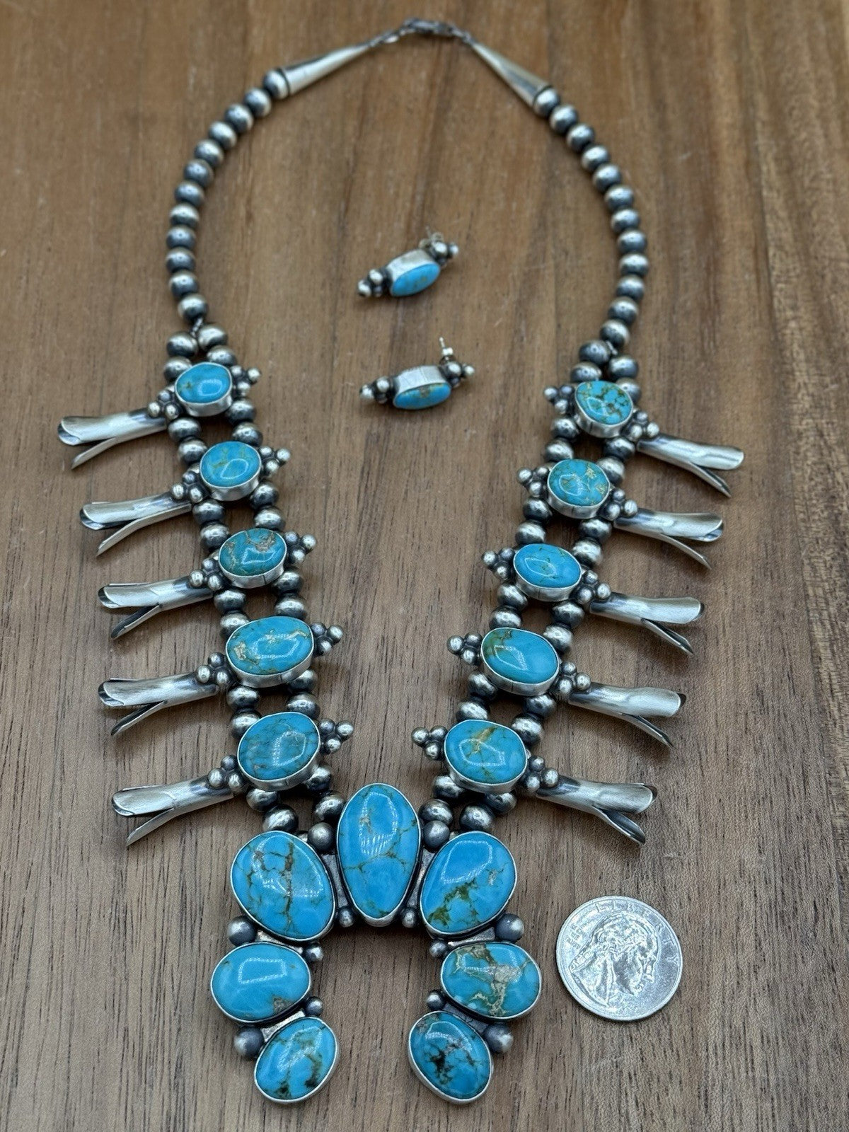 Navajo Handmade Sterling Silver Kingman Turquoise Squash Blossom Necklace 20”