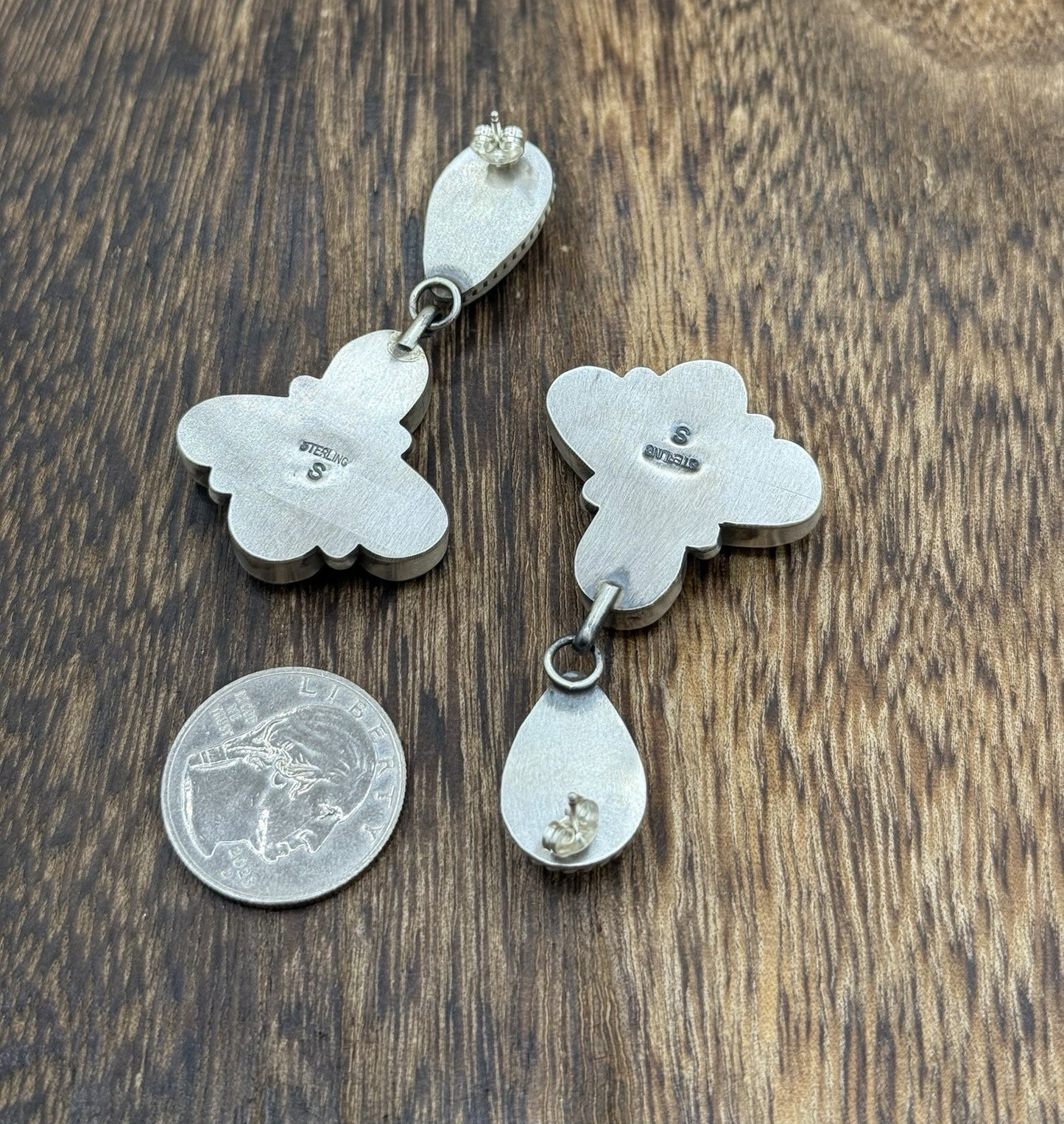 Navajo Handmade Sterling Silver Blue Bird Turquoise Cluster Post Dangle Earrings