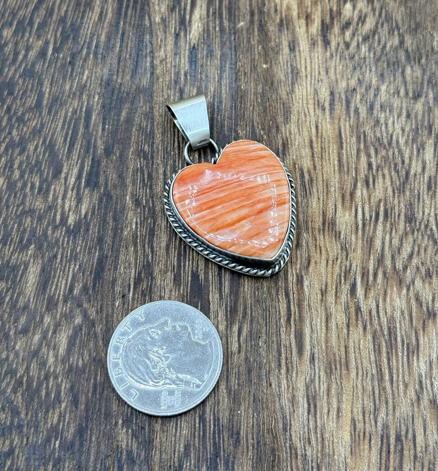 Navajo Handmade Sterling Silver Orange Spiny Oyster Shell Heart Shaped Pendant