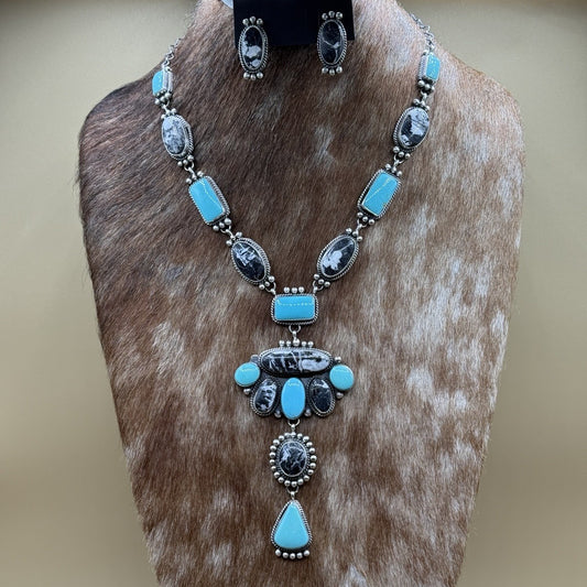 Navajo Handmade Sterling Silver Turquoise &White Buffalo Cluster Lariat Necklace
