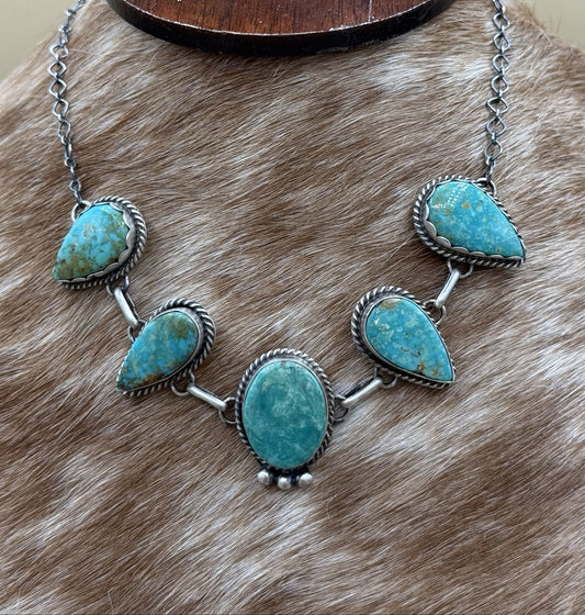 Native Navajo Handmade Sterling Silver Kingman Turquoise Choker Necklace 15”