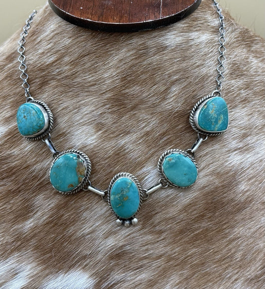 Native Navajo Handmade Sterling Silver Kingman Turquoise Choker Necklace 15”