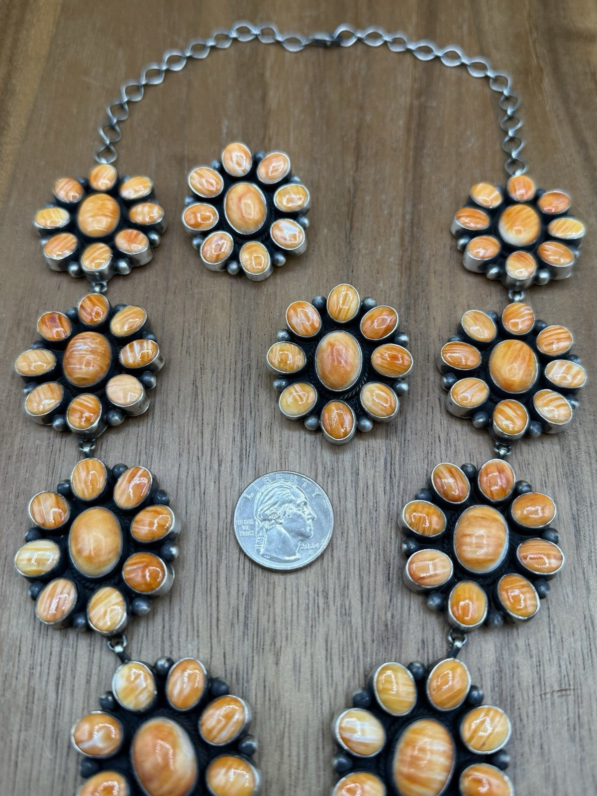 Navajo Handmade Silver Orange Spiny Oyster Cluster Lariat Dangle Necklace 24”