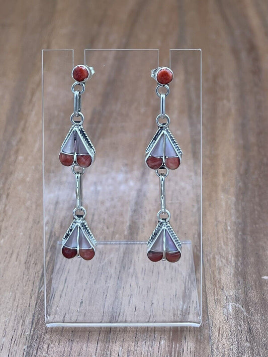 Native American Zuni Handmade Silver Inlay Spiny  Post Dangle Drop Earrings