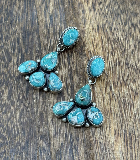 Navajo Handmade Sterling Silver Blue Bird Turquoise Cluster Post Dangle Earrings