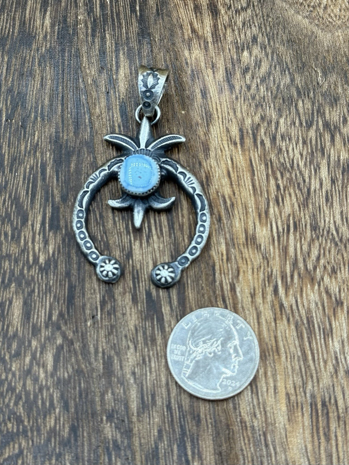 Navajo Handmade Sterling Silver Old Look Golden Hills Turquoise Naja Pendant