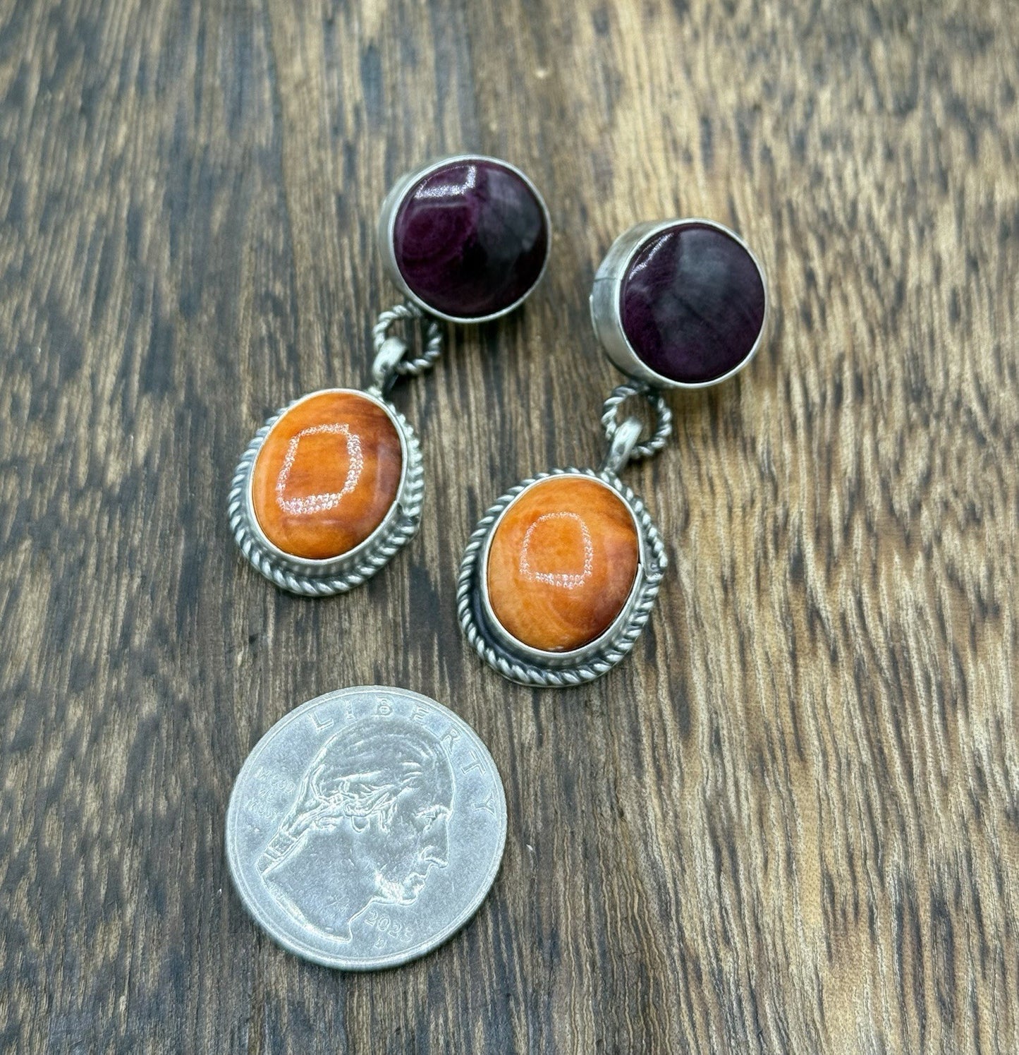 Navajo Handmade Sterling Silver Mixed Spiny Oyster Shell Post Dangle Earrings