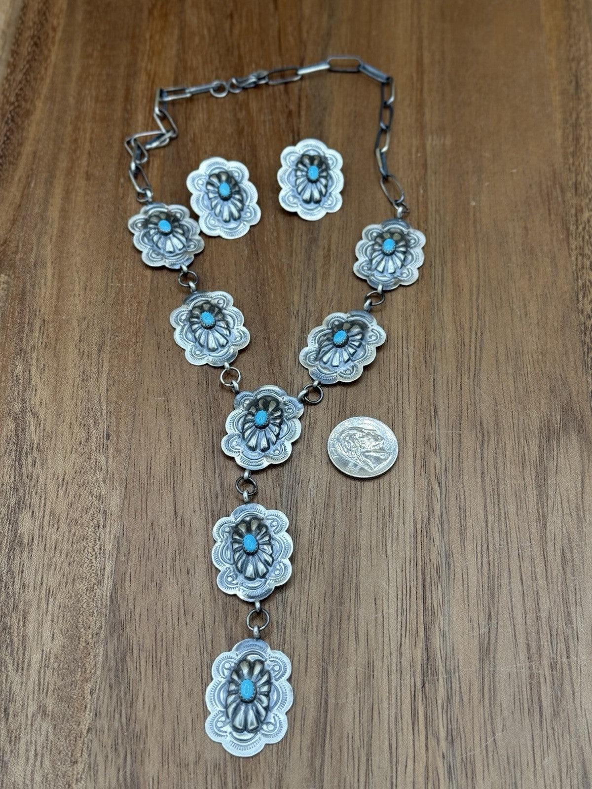 Navajo Handmade Sterling Silver Stamped Concho Turquoise Lariat Necklace Set 18”