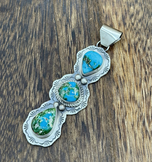 Navajo Handmade Sterling Silver Sonoran Gold Turquoise Stamped Drop Pendant