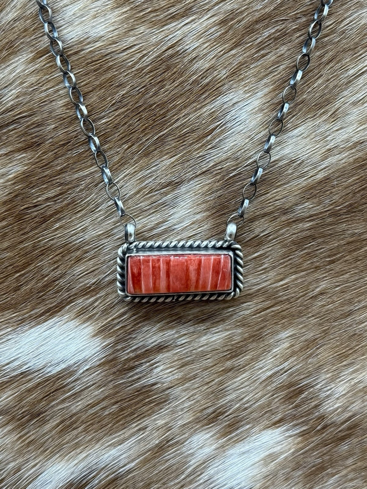 Navajo Handmade Sterling Silver Red Spiny Oyster Bar Necklace 16” Judith Dixon