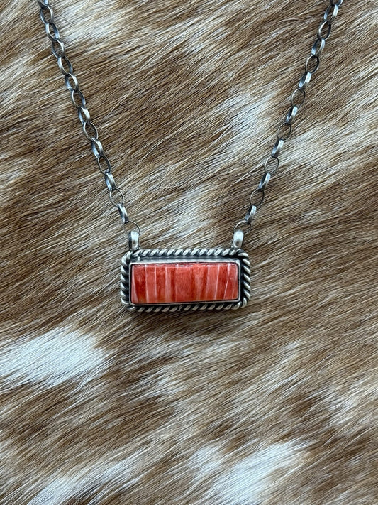 Navajo Handmade Sterling Silver Red Spiny Oyster Bar Necklace 16” Judith Dixon