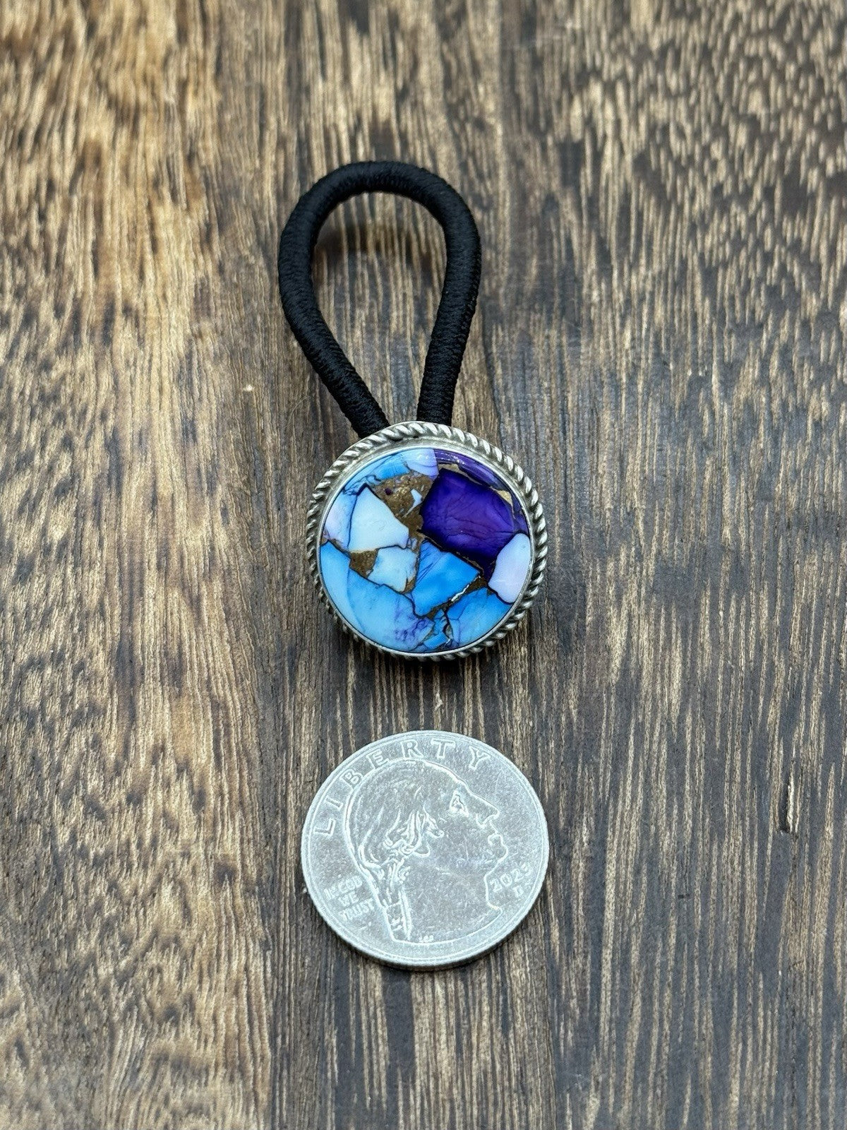 Native Navajo Handmade Sterling Silver Violet Rose & Blue Dahlia Hair Tie