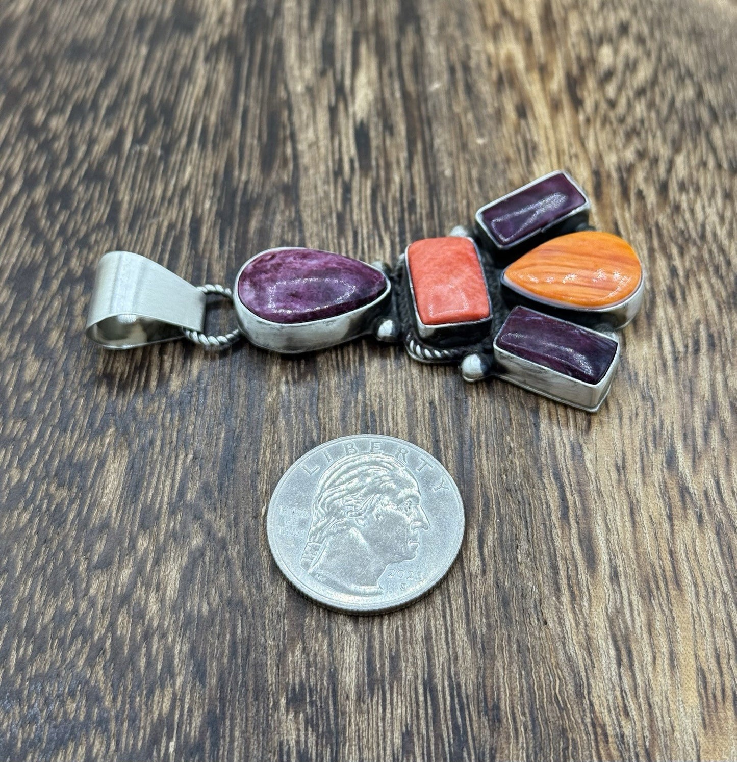 Native Navajo Handmade Sterling Silver Multi Spiny Oyster Shell Cluster Pendant