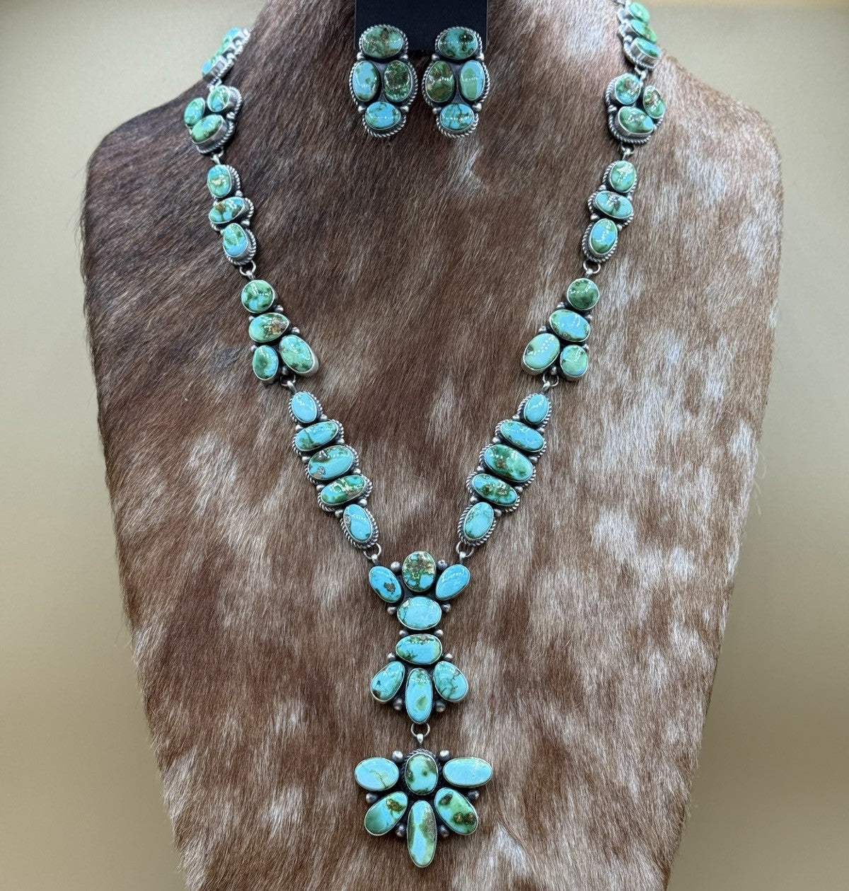 Navajo Handmade Sterling Silver Sonoran Gold Turquoise Cluster Lariat Necklace