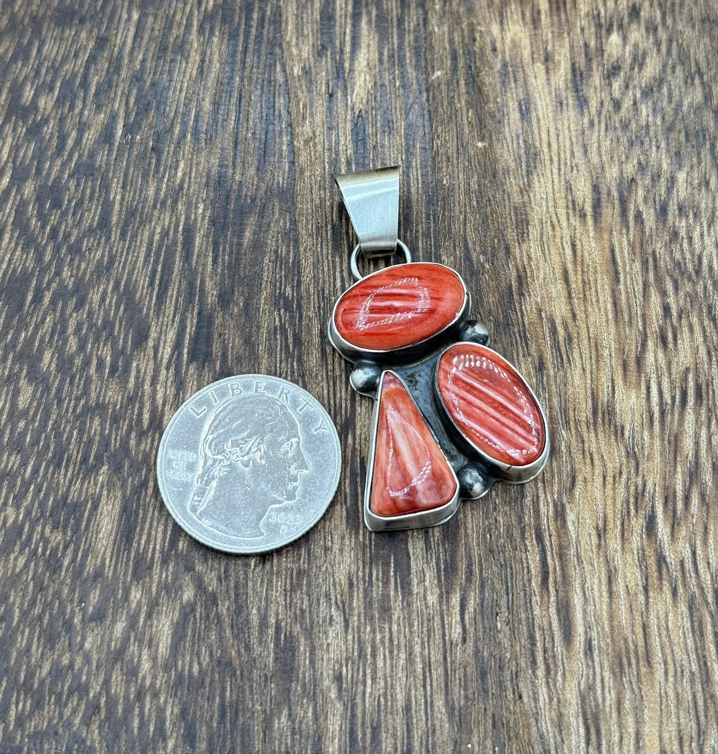 Navajo Handmade Sterling Silver Red Spiny Oyster Shell Cluster Drop Pendant